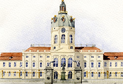 This is a watercolour of Charlottenburg Palace, near to where I now live. It forms part of a collage I painted of famous Berlin landmarks.