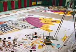 This is an aerial view of the left side. It was about 12m high and painted on heavy canvas. I had to make quite a few major changes before it was considered 'right', The sky for example, was a lot darker and stormy in the final version.
